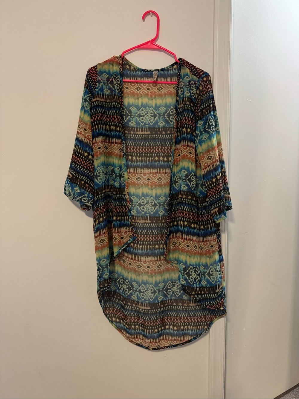 Bella D Boho Bohemian Printed Open Front Kimono Cover Up Tunic Multicolor